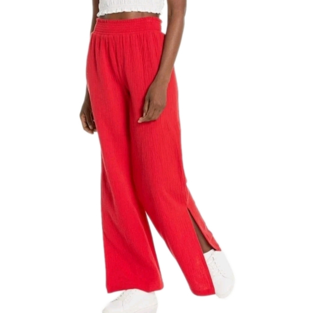 MONROW high waisted wide leg  gauze pants  side slit in Red Size XS